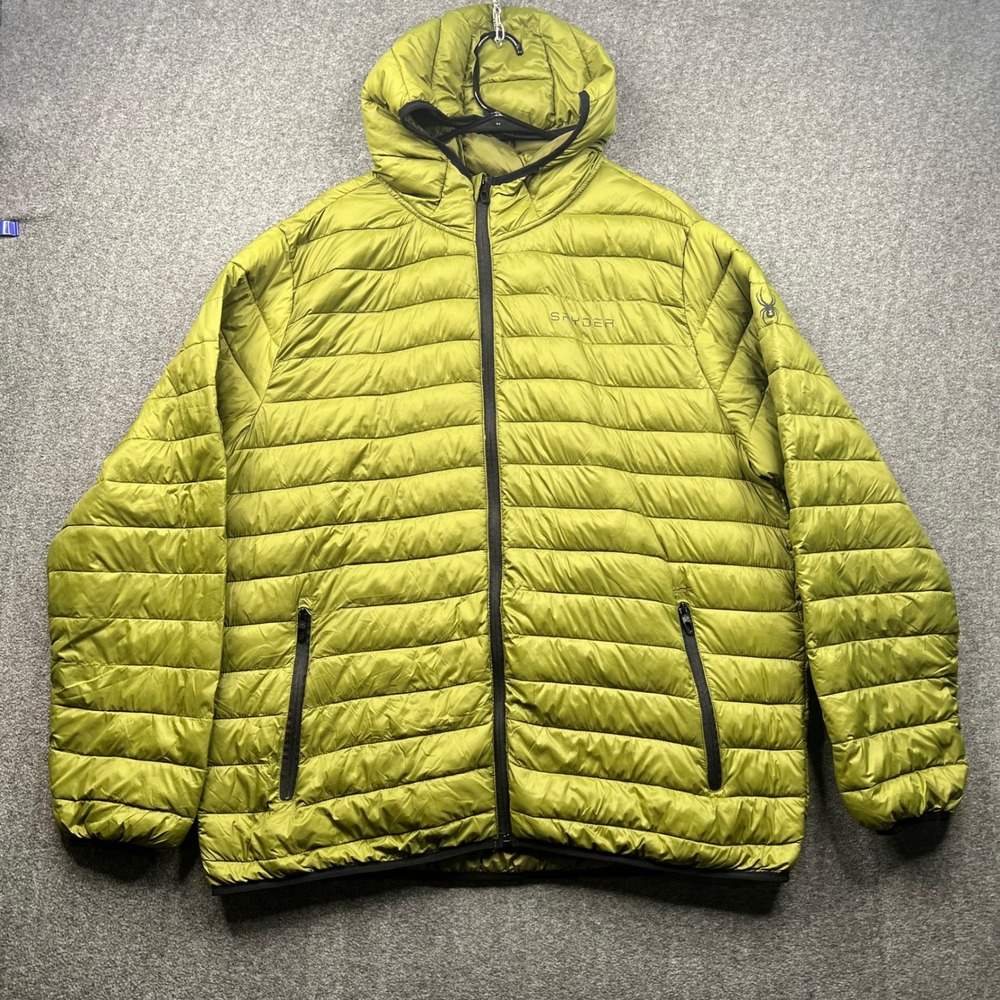 Spyder Puffer Jacket Mens XXL Green Hooded Full Zip Quilted Insulated Coat